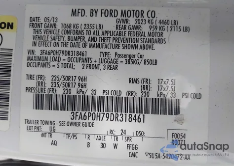 2013 Ford Fusion Se из США, поврежденный, VIN 3FA6P0H79DR318461